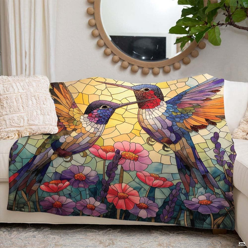 Vibrant avian mosaic blanket displayed on a bed setting.