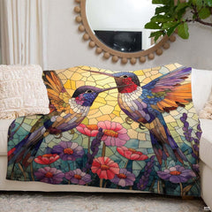Vibrant avian mosaic blanket displayed on a bed setting.