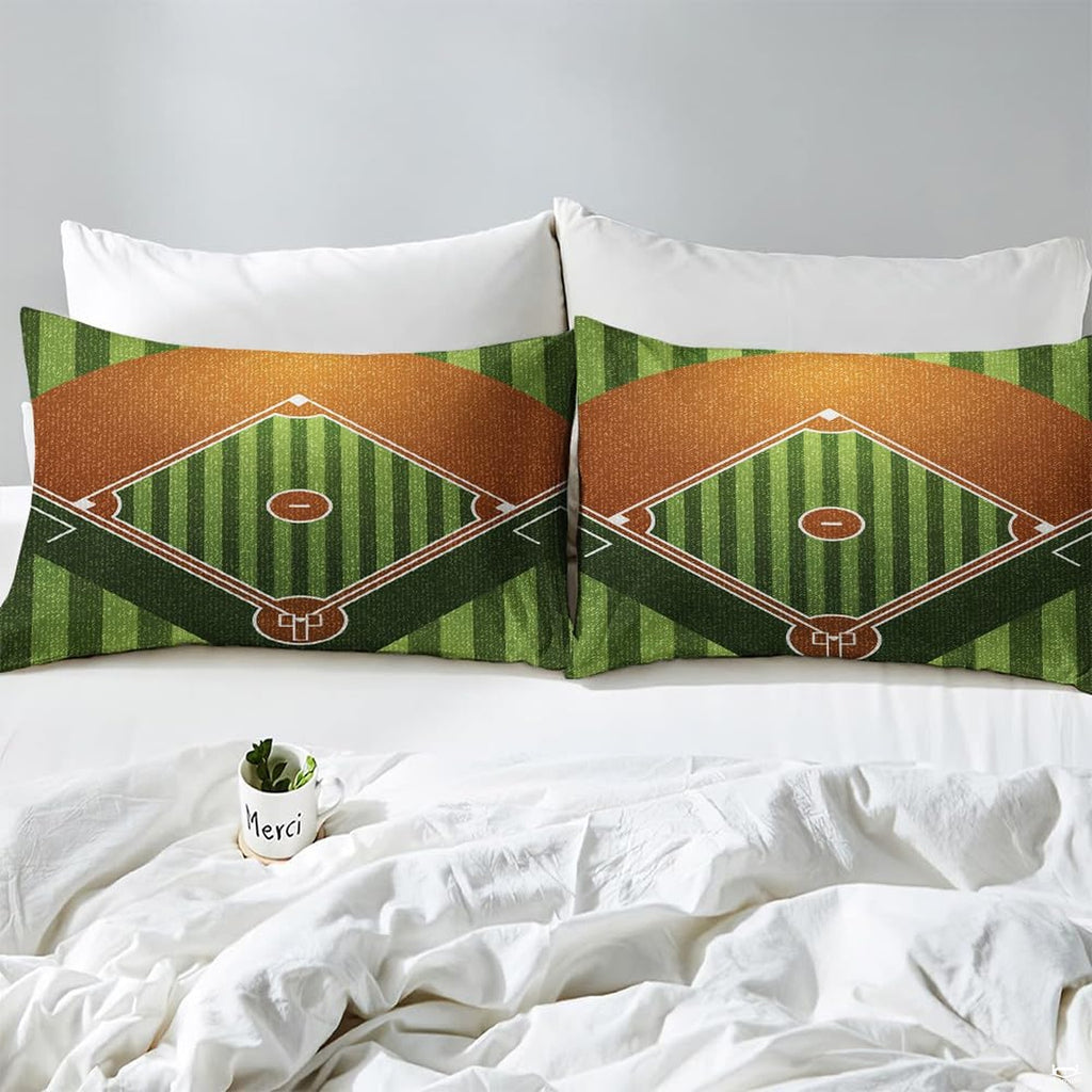 Side angle view of athletic sports bedding showing olive green and amber gold tones draped on mattress