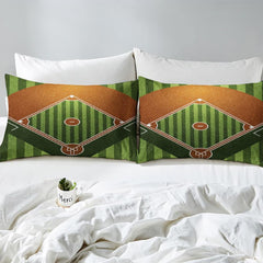 Side angle view of athletic sports bedding showing olive green and amber gold tones draped on mattress