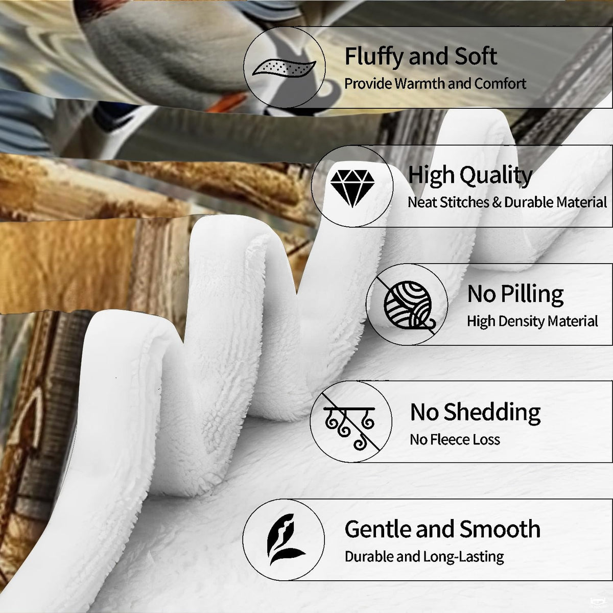 Mallard duck grid throw blanket view 5 highlighting nine wood-framed panels, waterfowl action, and lake scenes