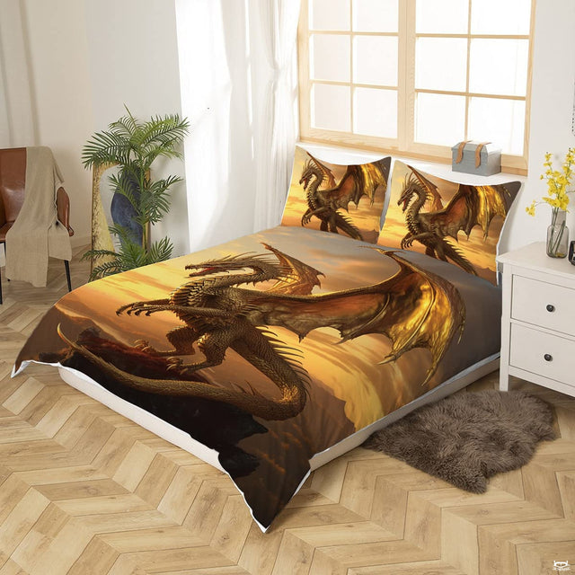 Close-up perspective of fantasy bedding detailing bronze scales, expansive dragon wings, and sunset cloud reflections