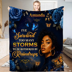 Inspirational blanket featuring an elegant woman portrait with blue roses and fluttering butterflies.