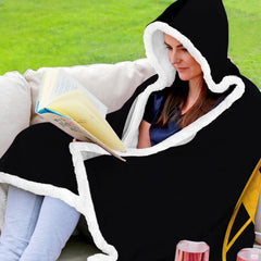 Folded black and gold football throw blanket revealing golden yard markers and black backdrop