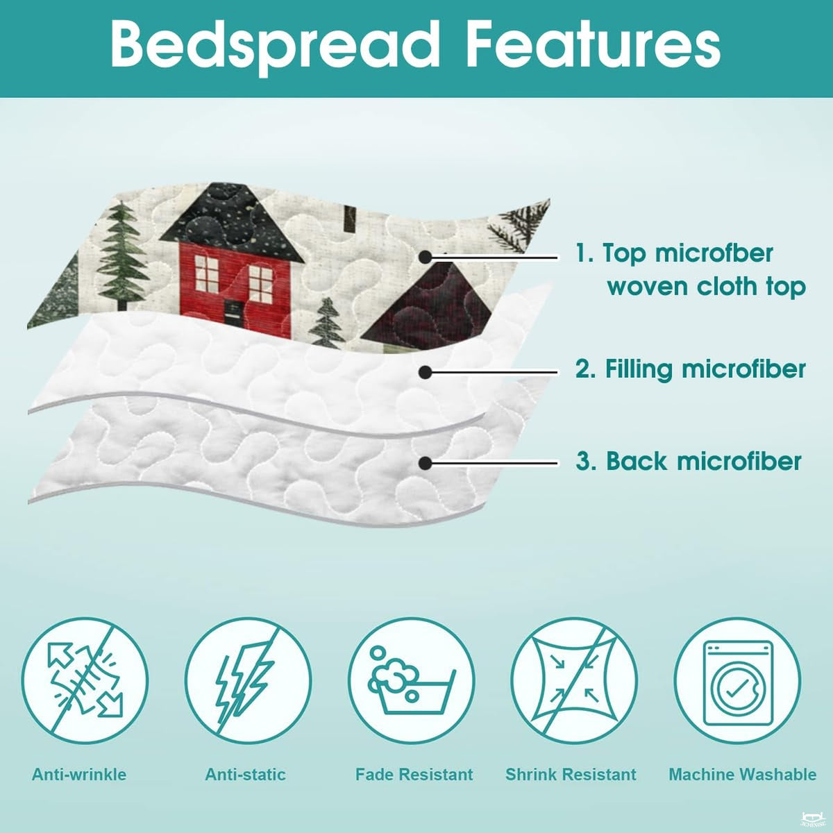 Charming winter landscape with rustic houses and stylized evergreen forest trees in bedroom setting.