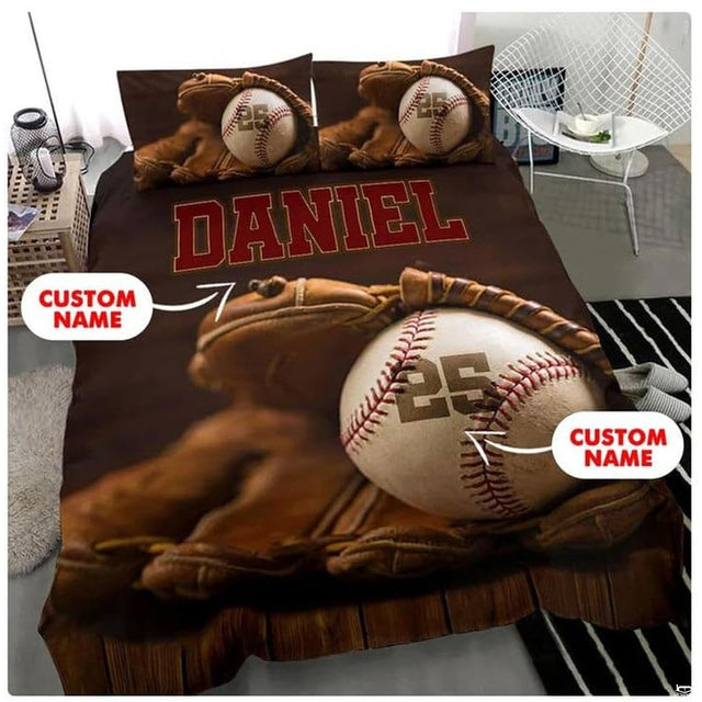Boys vintage sports bedroom styling showing classic athletic jersey numbers and baseball motif.