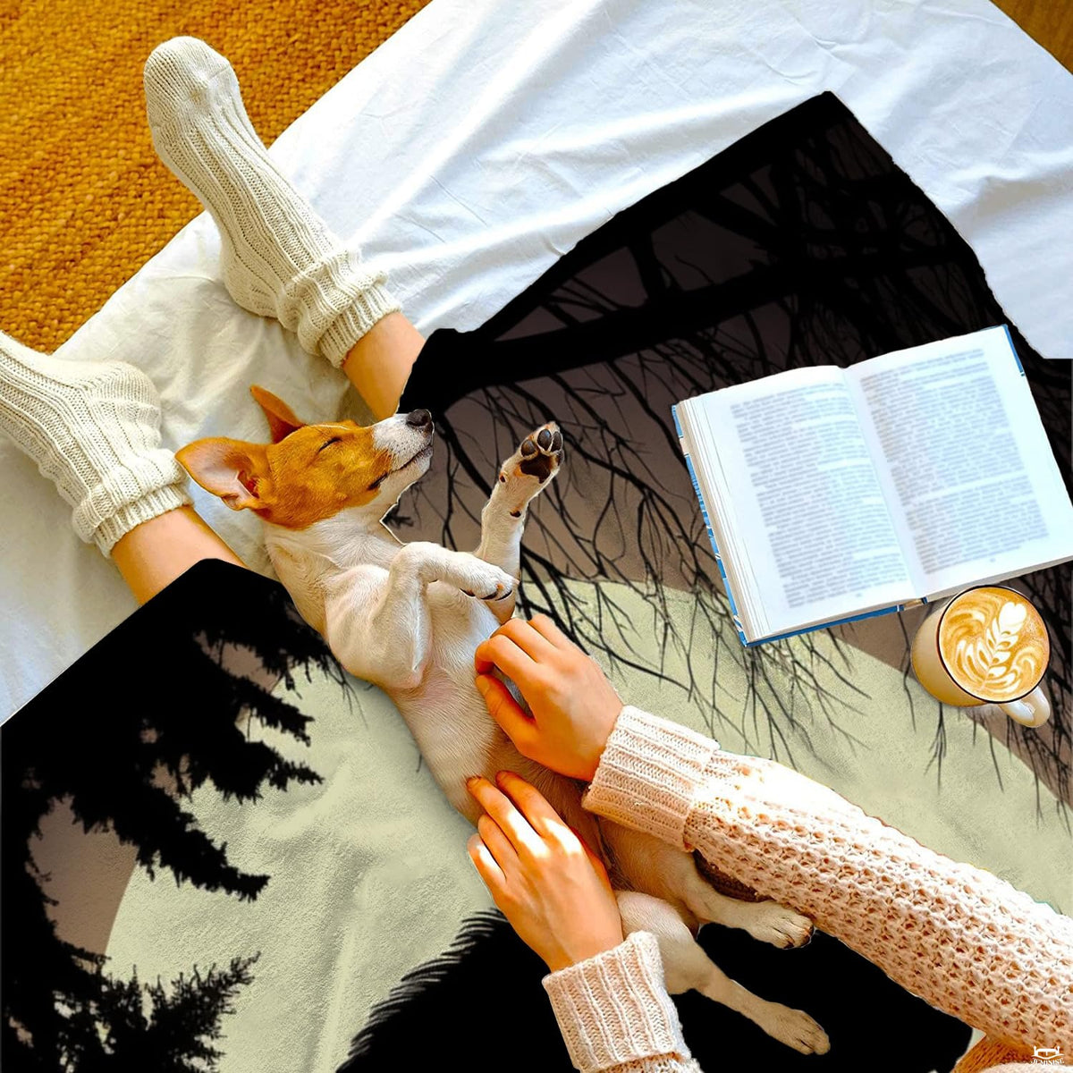 Small dog resting near an open book and coffee cup on the printed ivory moon Bigfoot textile.