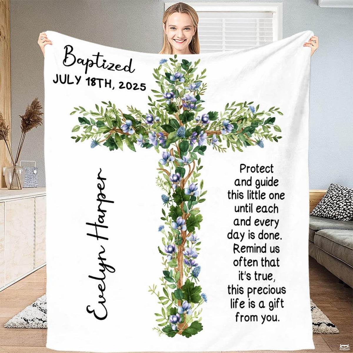 Baptism design with botanical floral wooden cross and blessing verses, view 2.