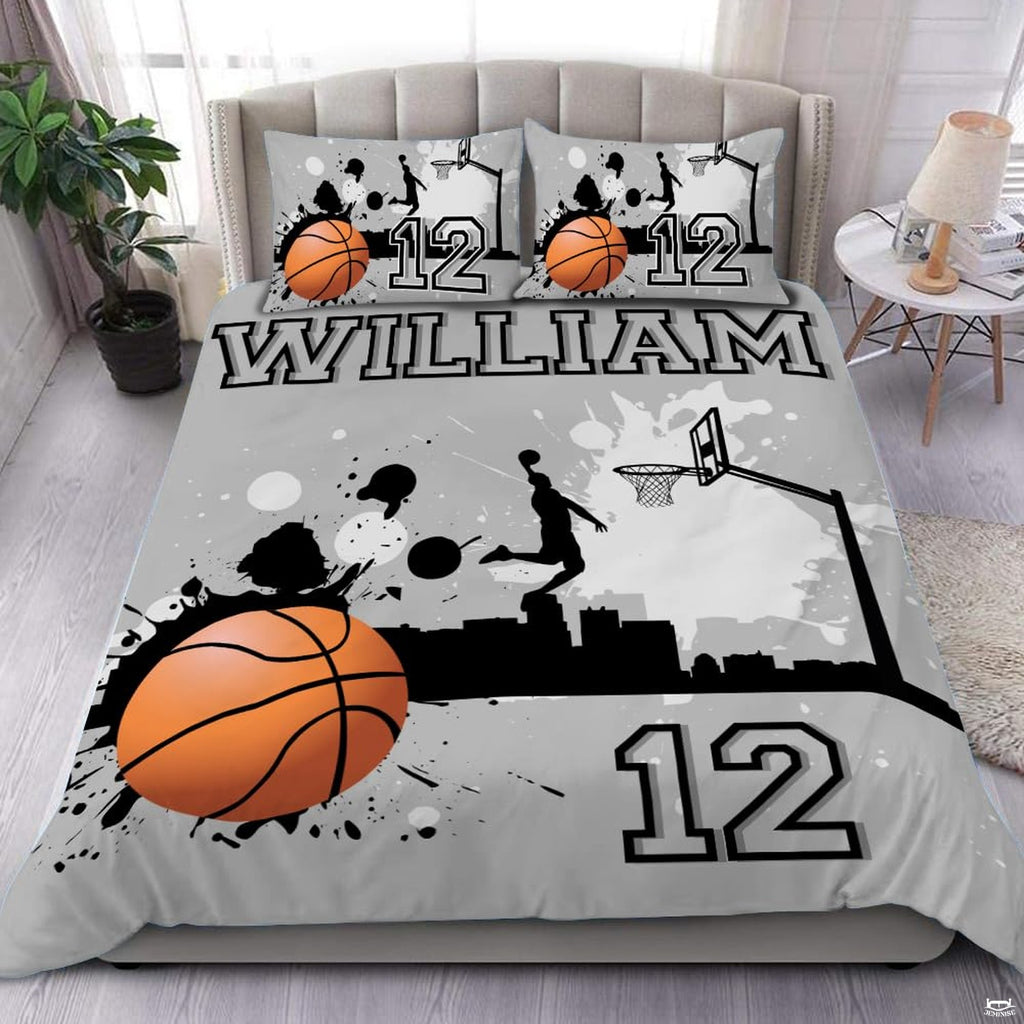 City skyline streetball bedding featuring soaring slam dunk player over urban rooftops towards outdoor hoop