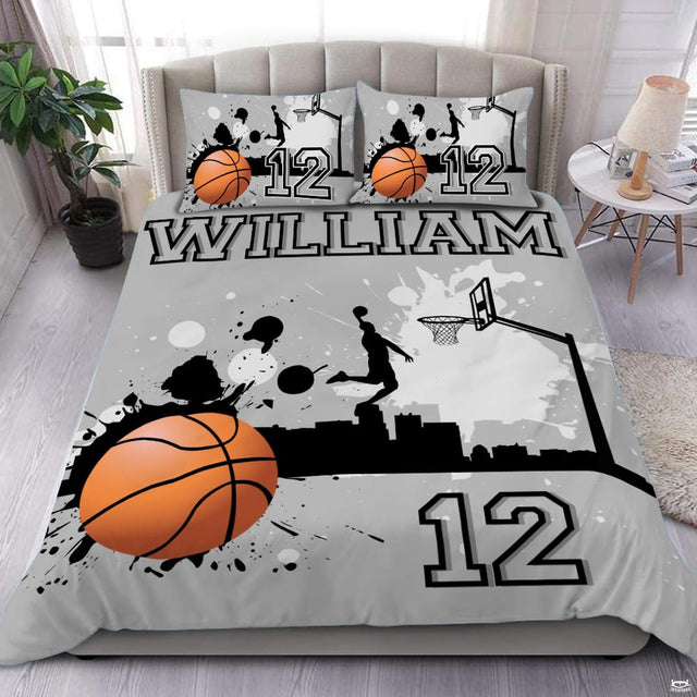 City skyline streetball bedding featuring soaring slam dunk player over urban rooftops towards outdoor hoop