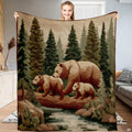 Scenic forest animal bedding set featuring a mother grizzly bear and cubs crossing a river surrounded by evergreen pines.