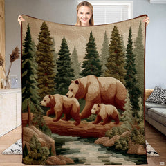 Scenic forest animal bedding set featuring a mother grizzly bear and cubs crossing a river surrounded by evergreen pines.