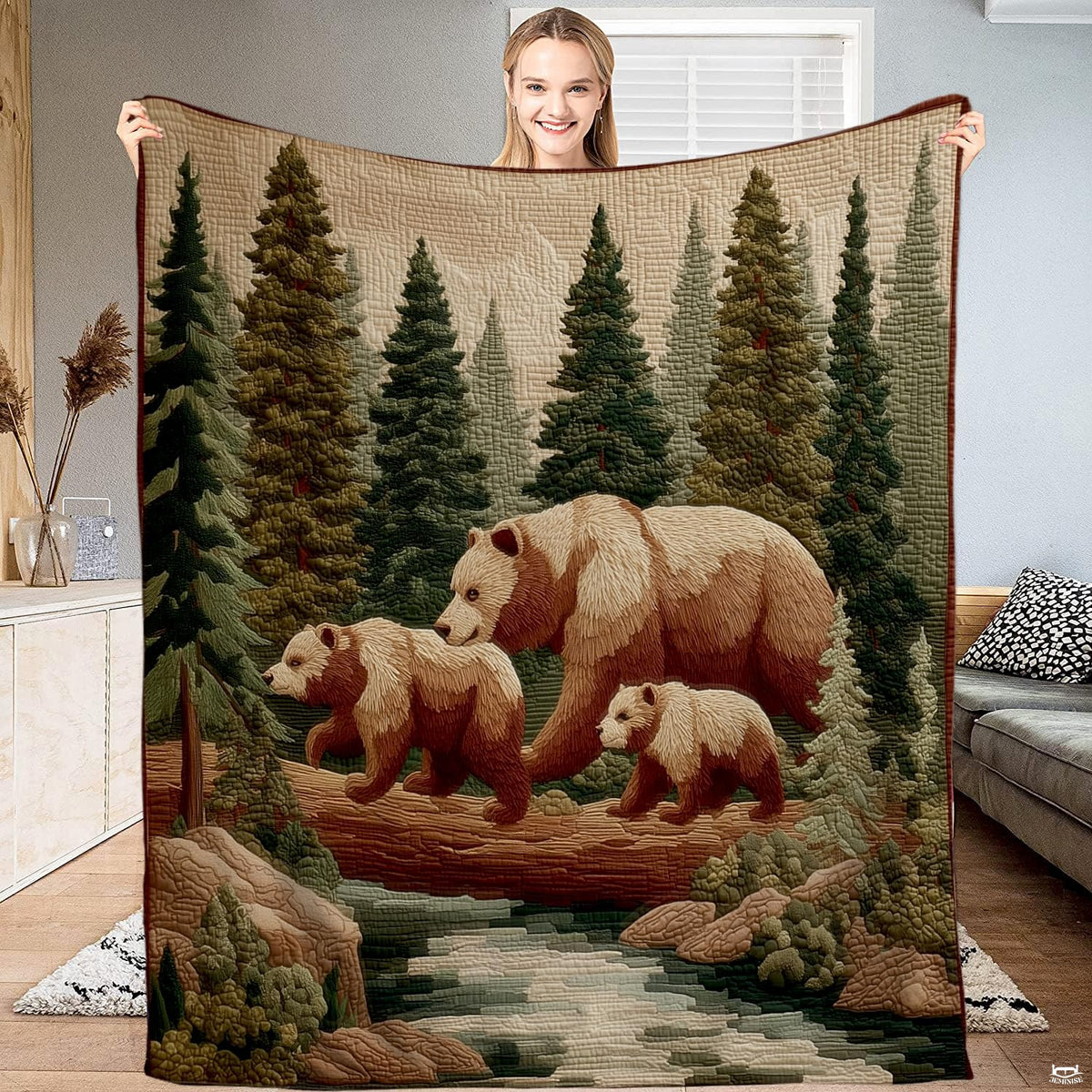 Scenic forest animal bedding set featuring a mother grizzly bear and cubs crossing a river surrounded by evergreen pines.