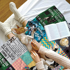 Boston Terrier dog throw blanket view 6 highlighting playful puppy illustrations and colorful pattern panels