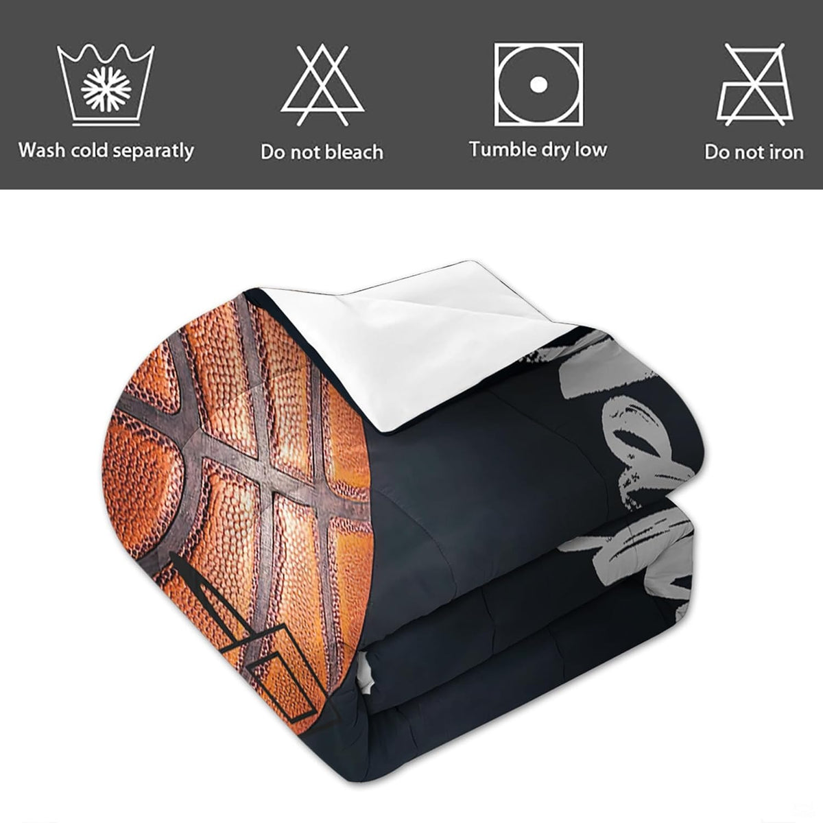 Detailed view of pillow shams and bedding border on grey basketball court bedding in a teen room