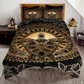 Polynesian tribal mandala sea turtle bedding set displayed on a bed in a modern bohemian bedroom.