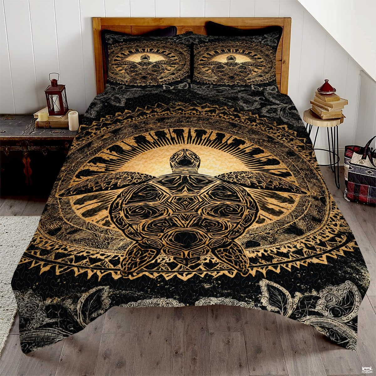 Polynesian tribal mandala sea turtle bedding set displayed on a bed in a modern bohemian bedroom.