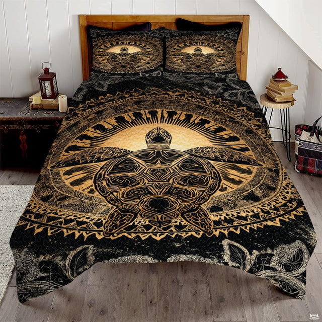 Polynesian tribal mandala sea turtle bedding set displayed on a bed in a modern bohemian bedroom.