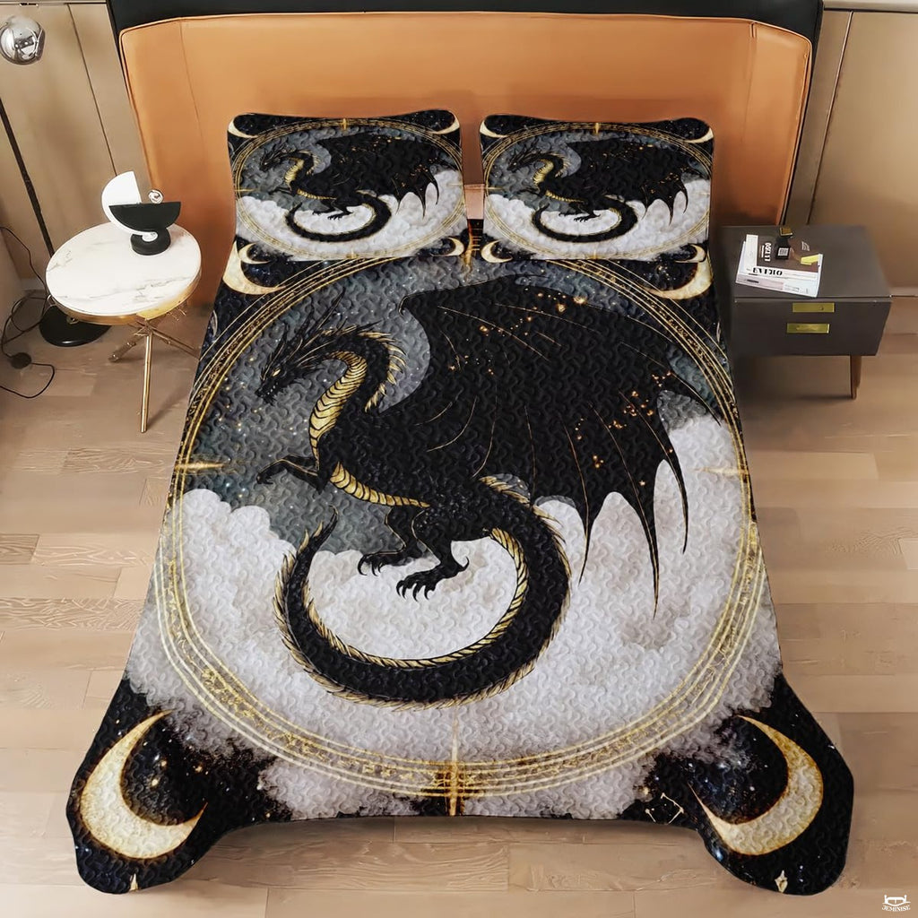 Overhead view of celestial black dragon artwork on a bed