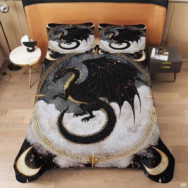 Overhead view of celestial black dragon artwork on a bed