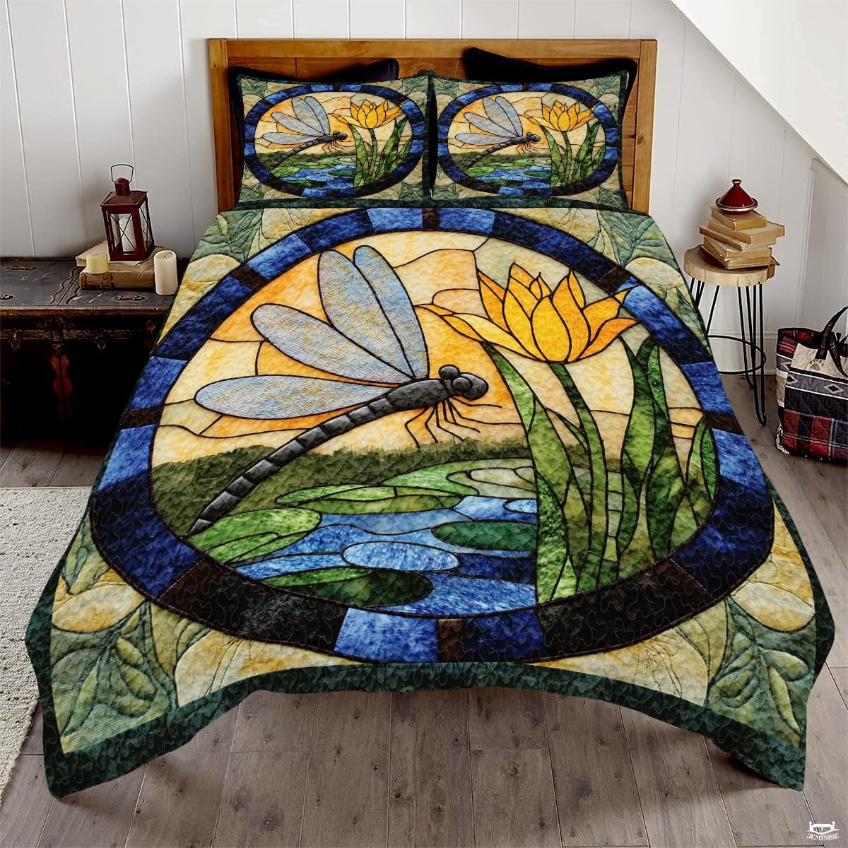 Dragonfly Patchwork Quilt Set, Animal Patchwork Bedset - Dragonfly Quilt Bedding Set, Premium Pattern Quilt Bedspread, Bedding Blanket Gift for Daughter Women