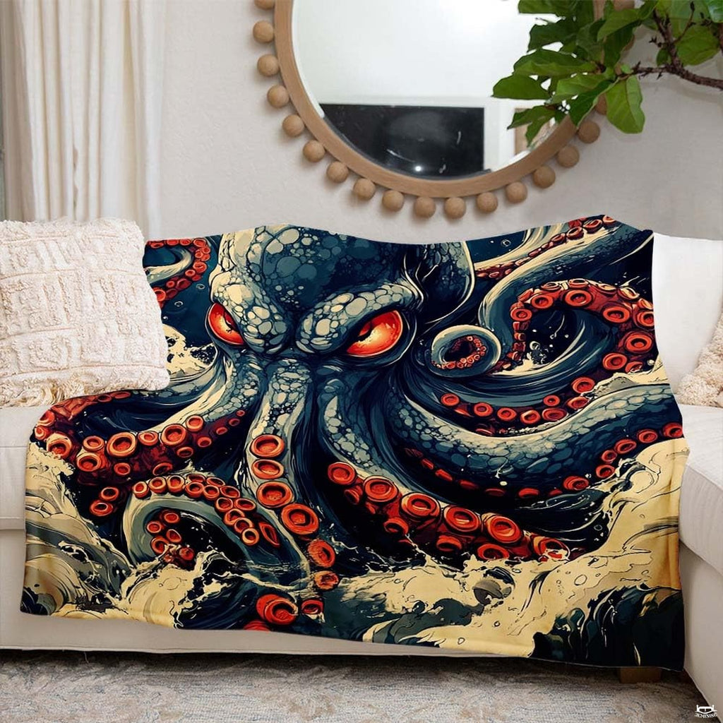Kraken giant octopus ocean waves throw blanket view 6 detailing tentacles and waves