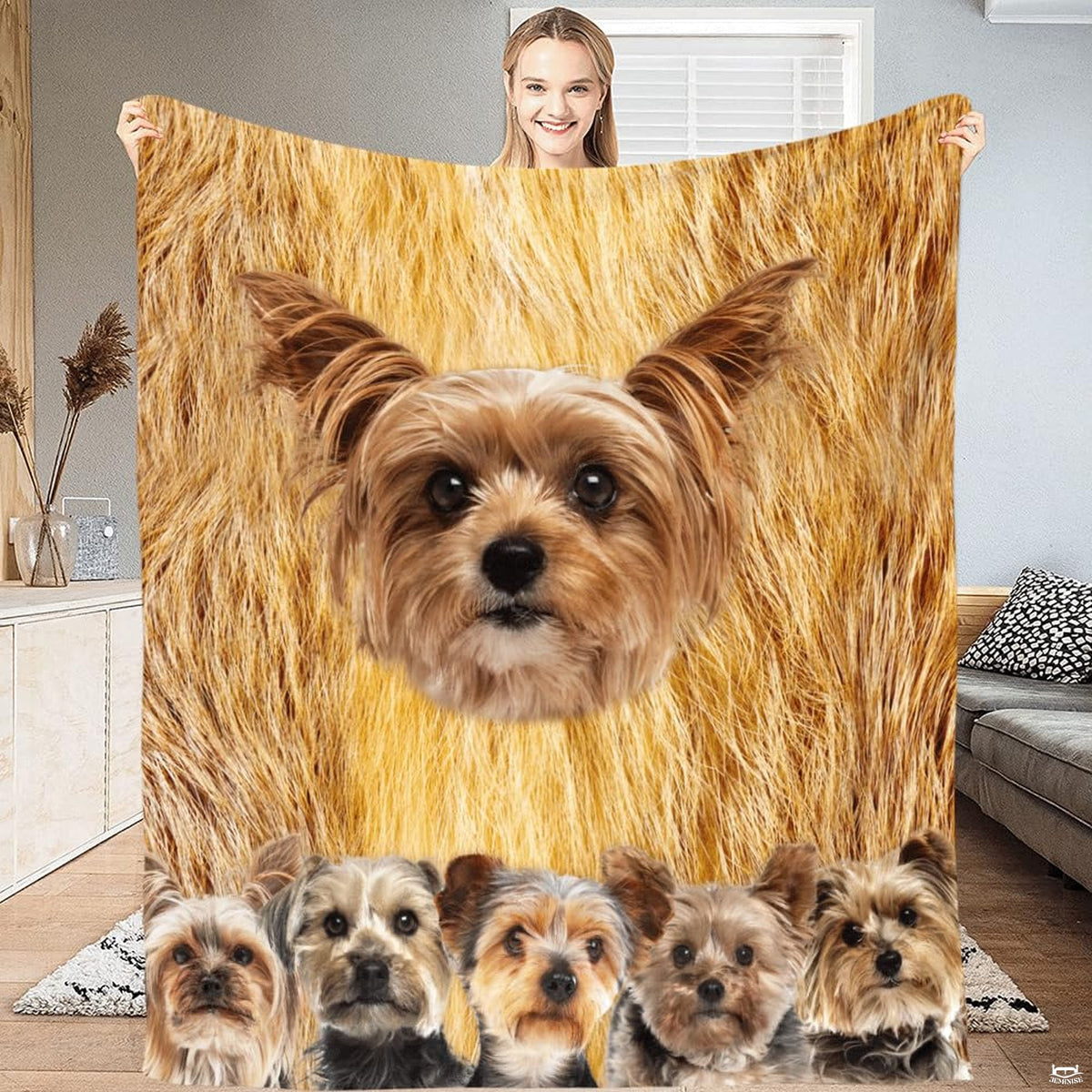 Close up view of realistic Yorkshire terrier portrait with textured tan fur styling.