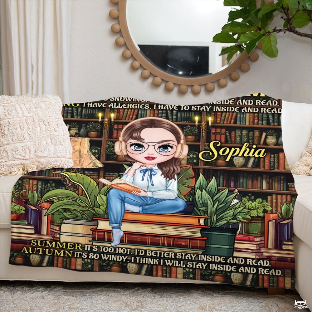 Personalized Seasonal Bookworms Sophia Reading Girl Throw Blanket