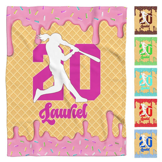 Front view of waffle cone softball batter throw blanket featuring pink dripping frosting and sprinkles.