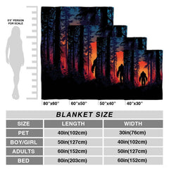 Sunset Bigfoot throw blanket view 4 highlighting fiery amber sunset and pine timber silhouettes