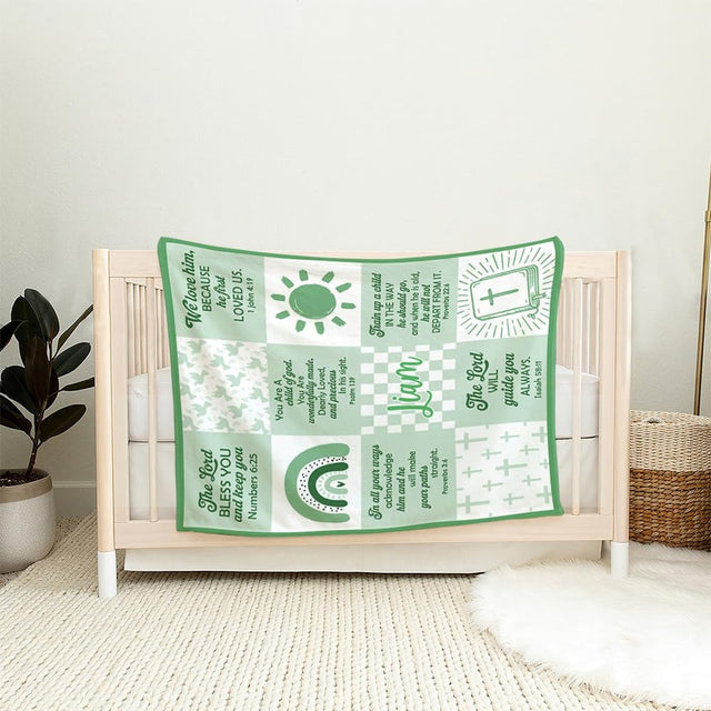 Detailed view of sage green and white squares featuring Christian cross pattern and scripture typography.