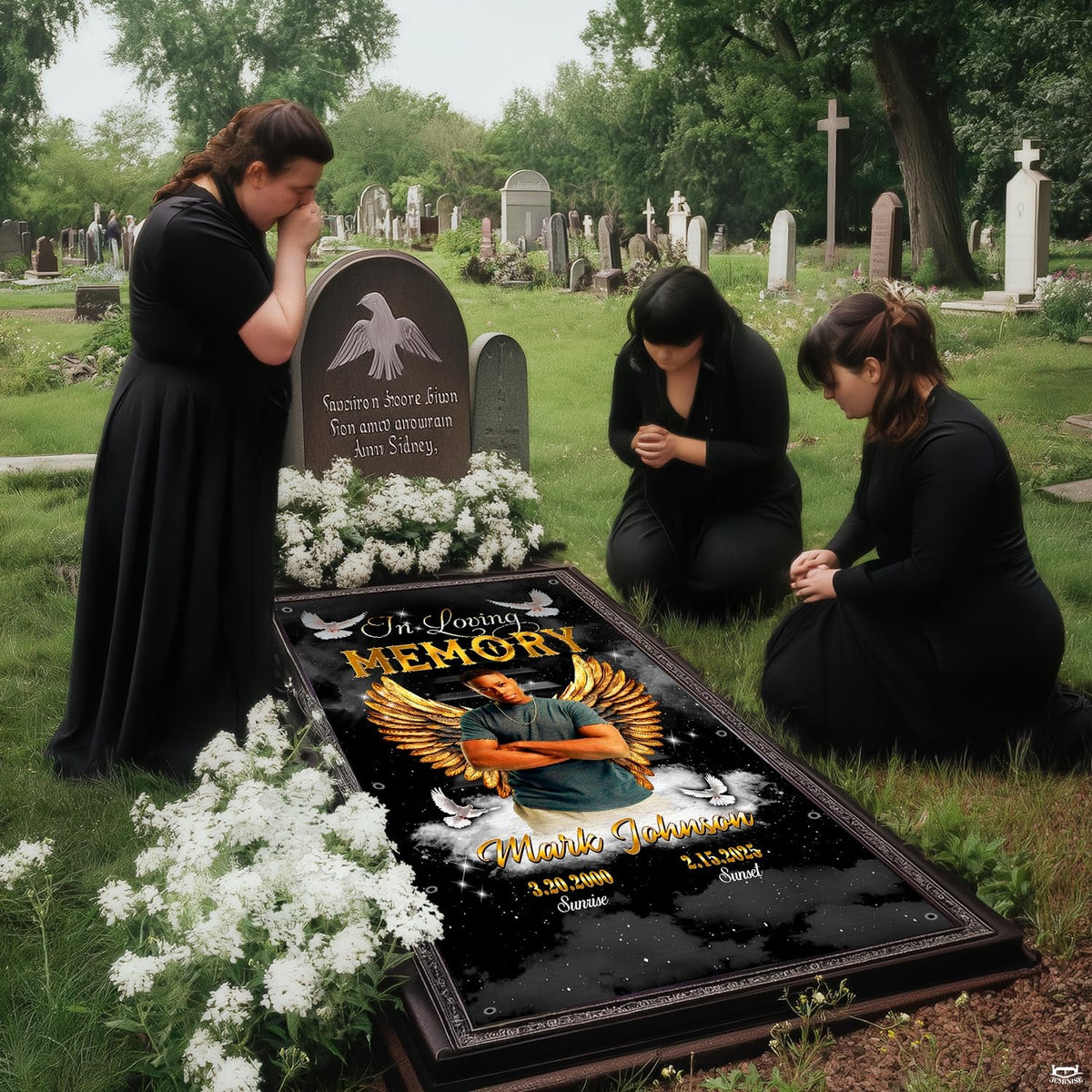 Solemn cemetery setting with mourners in dark attire kneeling beside the celestial angel wings tribute.