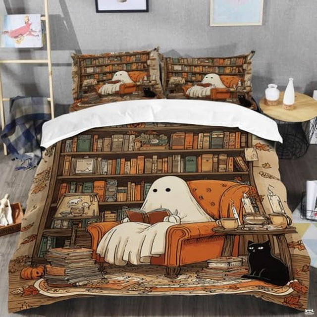 Cute ghost library reader Halloween bedding with black cat - view 2