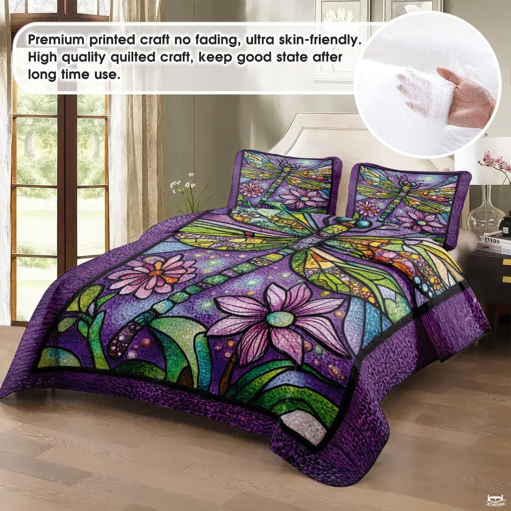 Dragonfly Pattern Quilt Set, Dragonflies Vintage Quilt Set Patchwork Style, Purple Patchwork Pattern Cotton Quilt Bedspread, Dragonfly Bedding Blanket for Daughter/Mother, Grandma