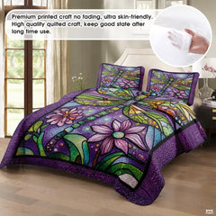 Dragonfly Pattern Quilt Set, Dragonflies Vintage Quilt Set Patchwork Style, Purple Patchwork Pattern Cotton Quilt Bedspread, Dragonfly Bedding Blanket for Daughter/Mother, Grandma