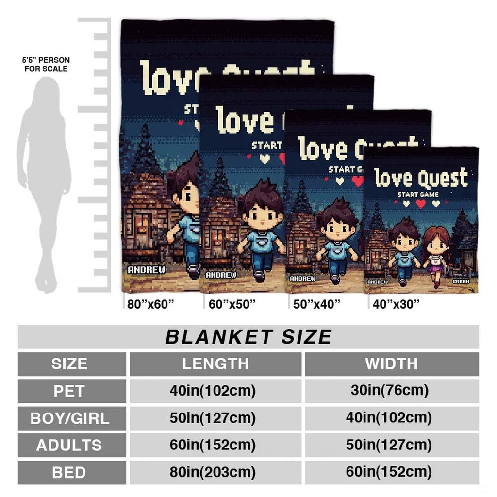 8-bit pixel art couple in RPG village with pixel hearts and retro typography, view 5.