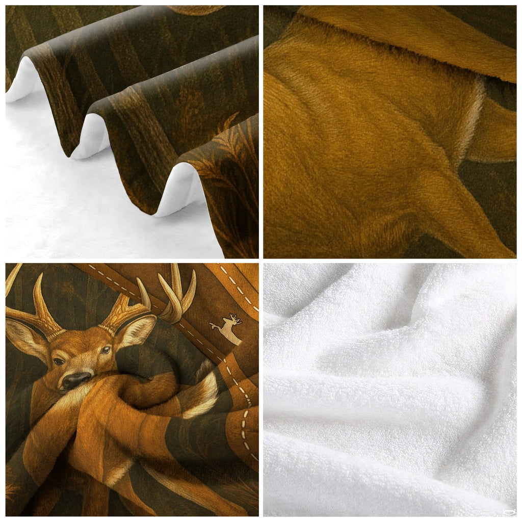 Four-panel close-up view showing textile pile, printed detail, and edge finishing.