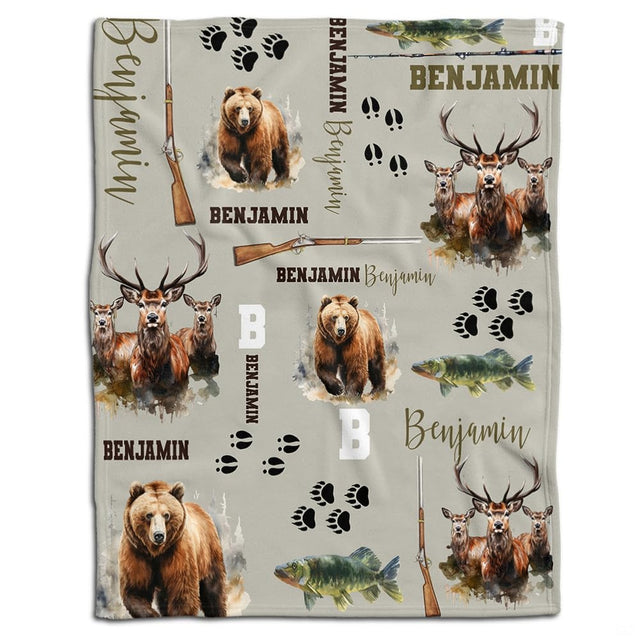 Bear hunt bedding design displaying a grizzly bear illustration, rustic tracks, and rifle motifs on earthy tones.