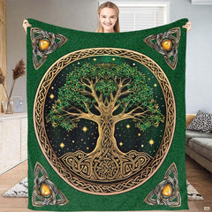Celtic Tree of Life circular bedding set featuring Yggdrasil knotwork and emerald tones.