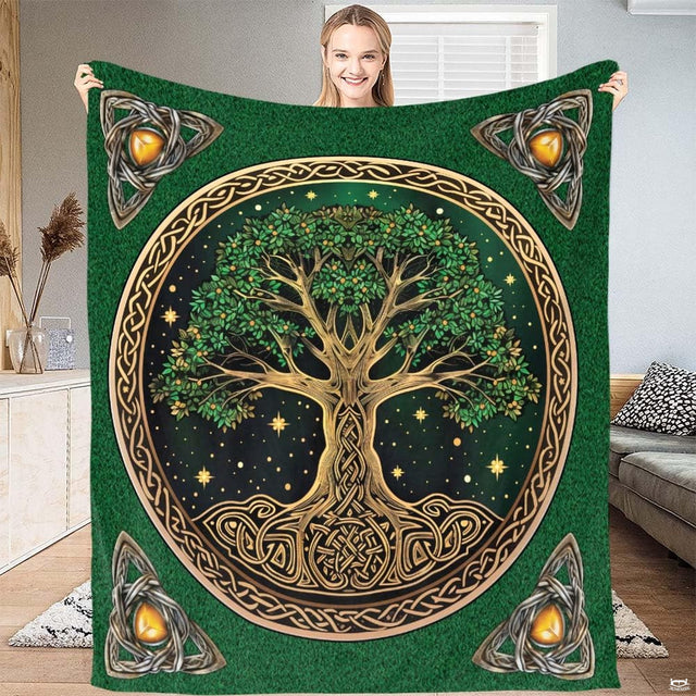 Celtic Tree of Life circular bedding set featuring Yggdrasil knotwork and emerald tones.