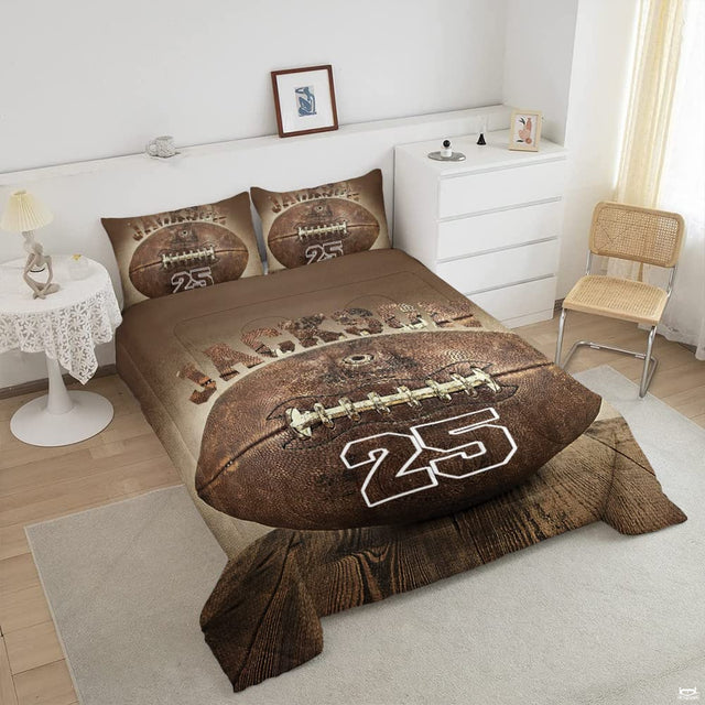 Close-up perspective of vintage football bedding showing detailed lacing and distressed surface texture