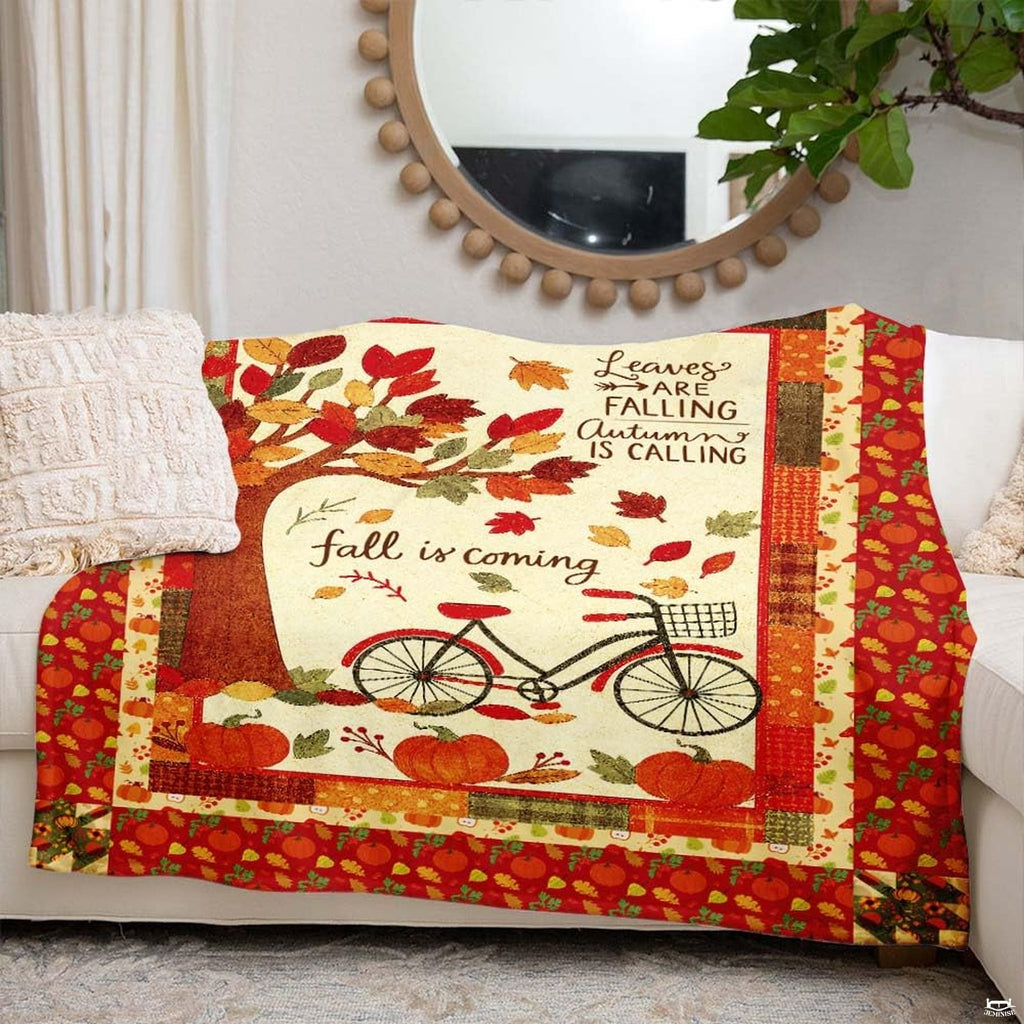 Autumn harvest bicycle throw blanket view 6 highlighting countryside artwork, pumpkins, and rustic border