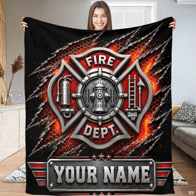 Metallic Maltese cross emblem throw blanket with glowing red honeycomb background and industrial steel plaque