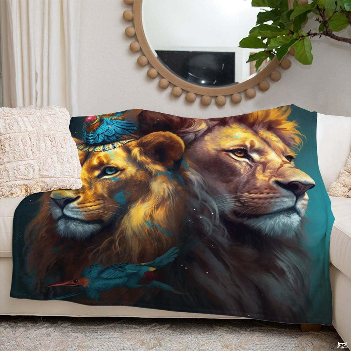 Atmospheric living room setting featuring double lion throw blanket on dark couch