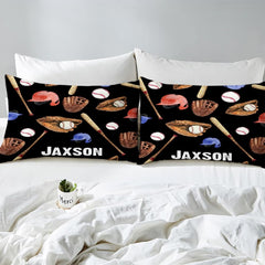 Side angle view of athletic sports bedding showing radiant peach and black tones draped on mattress