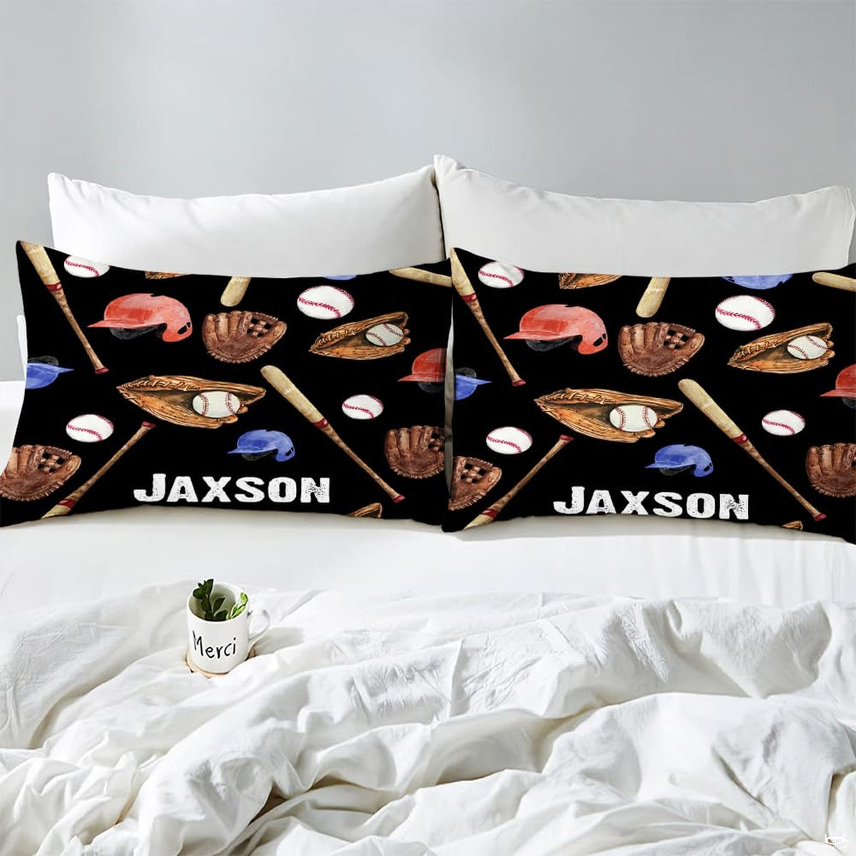 Side angle view of athletic sports bedding showing radiant peach and black tones draped on mattress