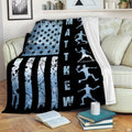 Patriotic pickleball flag throw blanket featuring athletic player silhouettes over distressed American flag