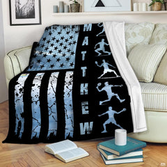 Patriotic pickleball flag throw blanket featuring athletic player silhouettes over distressed American flag