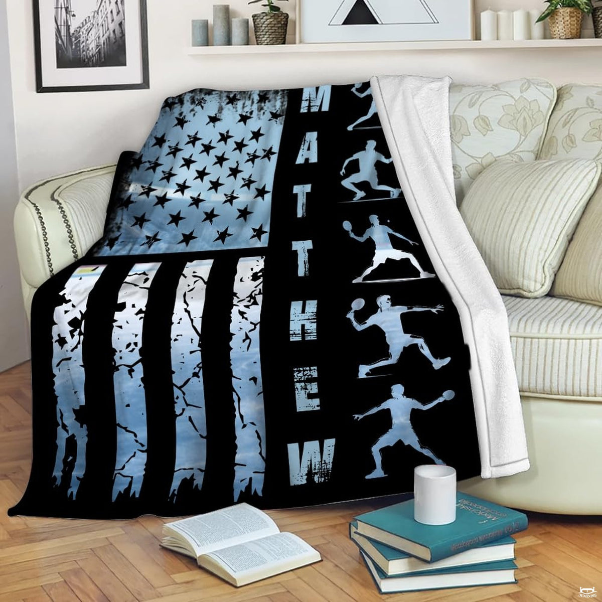 Patriotic pickleball flag throw blanket featuring athletic player silhouettes over distressed American flag