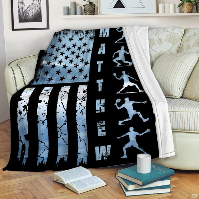Patriotic pickleball flag throw blanket featuring athletic player silhouettes over distressed American flag